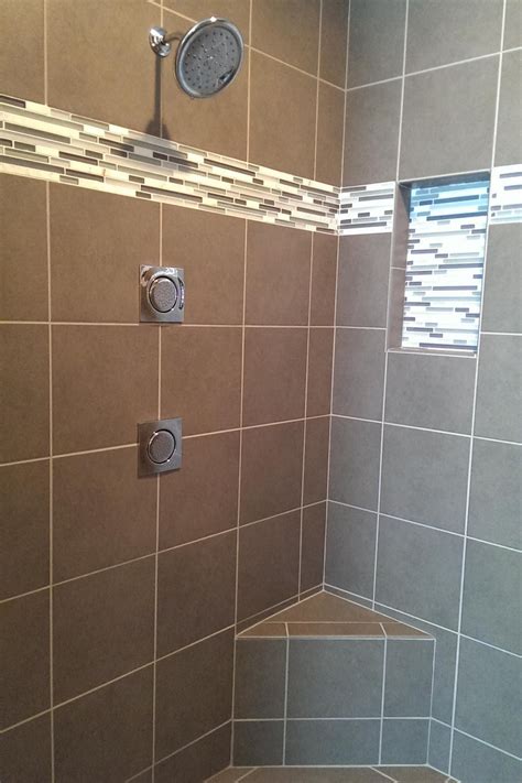 Contemporary Taupe Tile Shower With Horizontal Mosaic