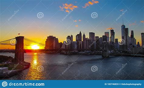 Brooklyn Bridge And New York Skyline At Sunset Editorial Stock Photo