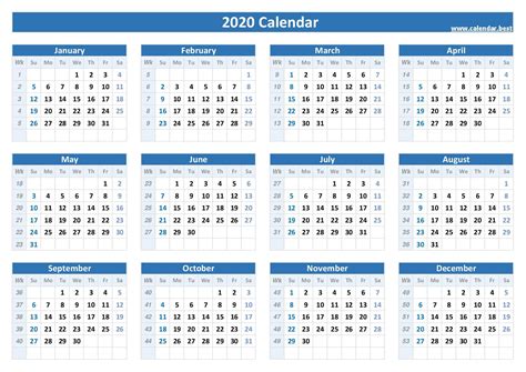 2020 Year Calendar With Week Numbers Printable Templates Free