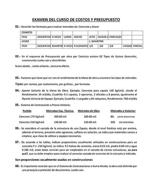 Examen Del Curso De Costos Y Presupuesto Junior Montero Udocz