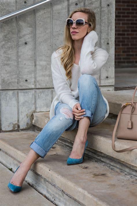 Spring Transition Tie Back Sweater Boyfriend Jeans And Blue Suede Pumps