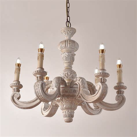 Distressed White Wood 6 Arms Light Rustic Candle Chandelier Kitchen