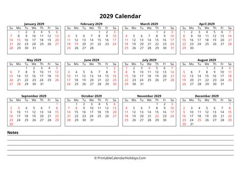 Printable Calendar 2029 Week Starts Sunday