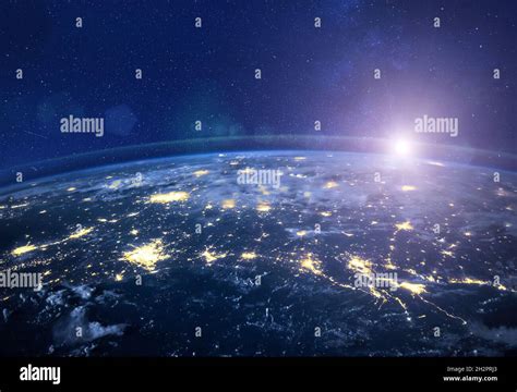 Night View Of Planet Earth From Space Beautiful High Tech Background