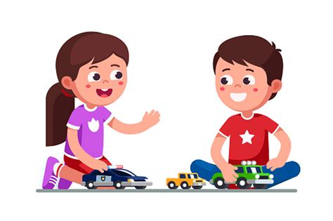 Smiling Girl And Boy Kids Playing Together With Toy Cars And Trucks