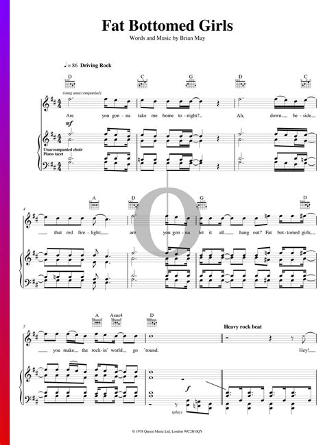 Fat Bottomed Girls Sheet Music Piano Guitar Voice Pdf Download