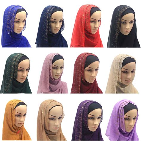 wholesale 10pcs lot women bling shiny gold rhinestones chiffon hijab scarf muslim islamic head