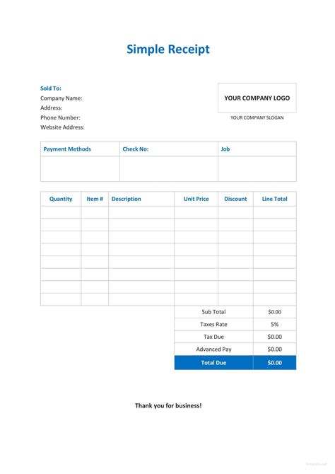 Simple Receipt Template In Microsoft Word Excel
