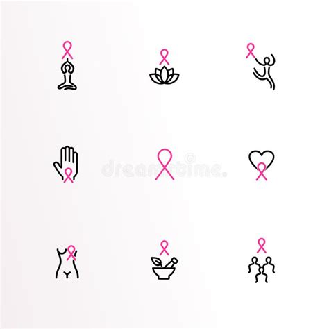 Breast Cancer Care Pink Ribbon Outline Icon Set Stock Vector Illustration Of Health Awareness