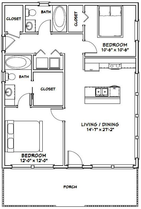 28x34 House 2 Bedroom 2 Bath 952 Sq Ft Pdf Floor Plan Etsy Tiny