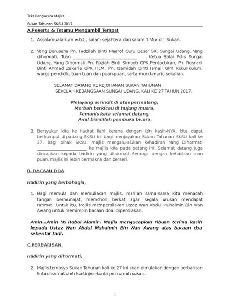 Teks ini diklarifikasikan menjadi tiga jenis, yaitu teks yang memuat cara penggunaan alat, benda, atau sejenisnya, teks yang memuat cara melakukan suatu aktivitas. Teks Mc Hari Sukan 2017