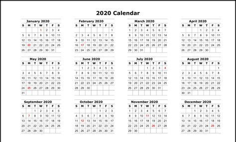 2019 Calendar 2020 Printable Word