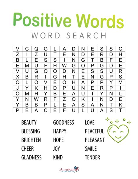 Positive Words Word Search Puzzle Easy Format For