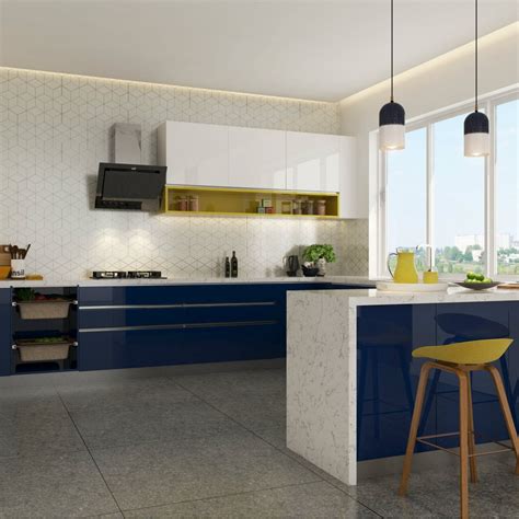 Navy blue and yellow kitchen decor. Handsome navy blue and pops of yellow in a crisp modular ...