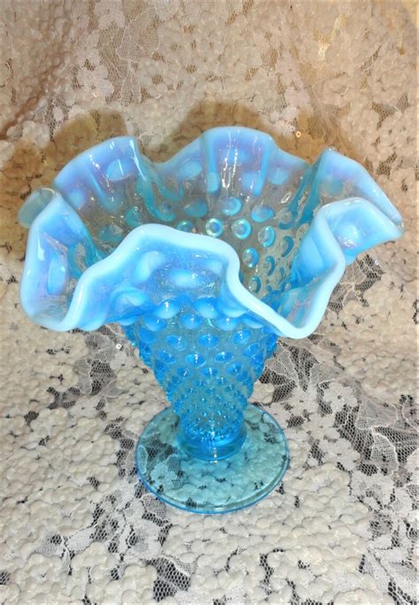 Aqua Blue Opalescent Hobnail Fenton Glass Vase Fluted Ruffled Etsy