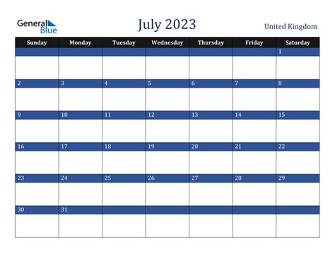July 2023 Calendar With United Kingdom Holidays