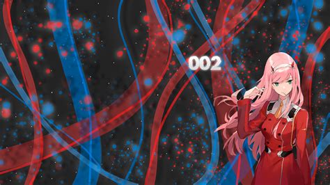 Darling In The Franxx Pink Hair Zero Two With Background Of Black With Blue And Red And Dots 4k