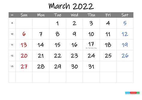 Editable March 2022 Calendar With Holidays Template Ink22m3