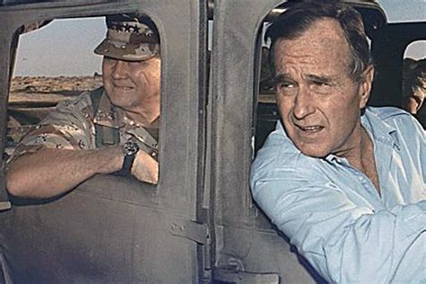 President George H W Bush Front Rides In A Humvee With With U S Army Gen H Norman