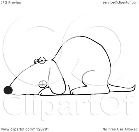 Cartoon Of An Outlined Growling Dog Laying Down Royalty Free Vector