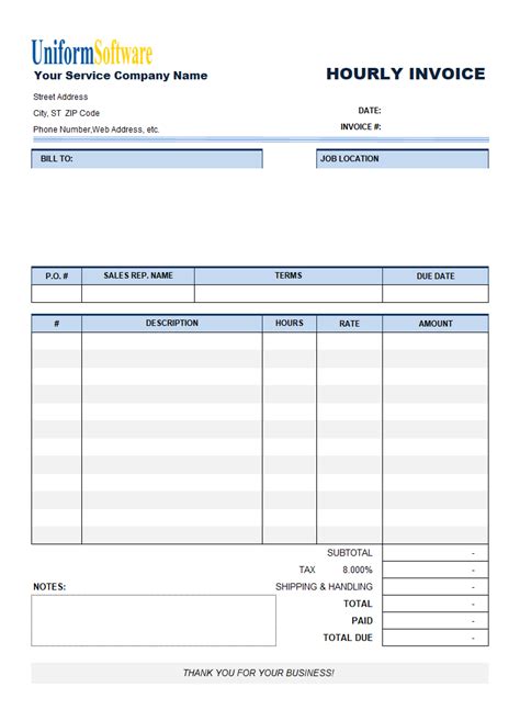 Free Hourly Invoice Template Pdf Word Eforms Hourly Invoice Template