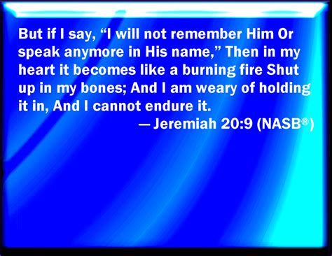 Jeremiah 20:9 Then I said, I will not make mention of him, nor speak any more in his name. But ...