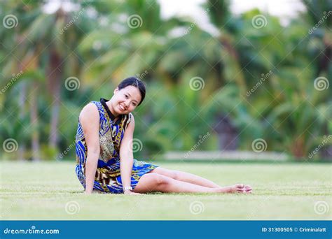 Asian Woman Sit And Smile In Park Stock Image Image Of Field Adult