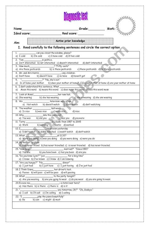 Diagnostic Test For Students Of High School Esl Worksheet By Miss