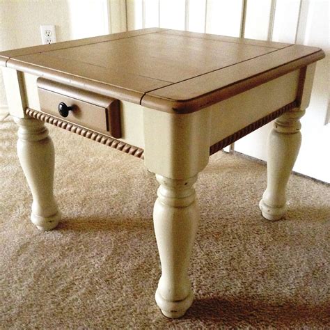 Comes with 2 side drawers with black interior and metal side rails. Tan and cream colored end table I painted using chalk ...