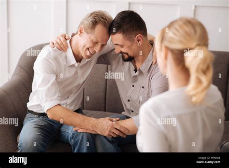 Happy In Relationship Joyful Pleasant Delighted Gay Couple Embracing