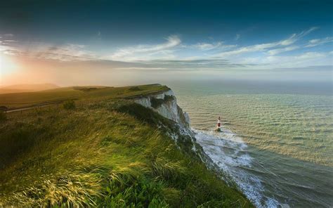 Nature Landscape Sunrise Lighthouse Sea Cliff Mist Grass Clouds