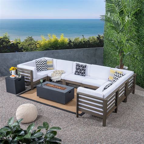 frankie outdoor u shaped 8 seater acacia wood sectional sofa set with fire pit gray white and