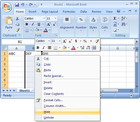 The former of these works for me in excel 2010, but for some reason the unhide shortcut does nothing. MS Excel 2007: Hide a column