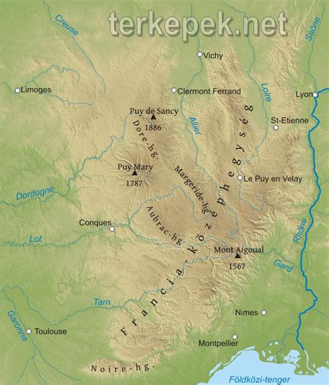 Kattints a nagyításhoz domborzati térkép helynevek nélkül: Massif Central térképek