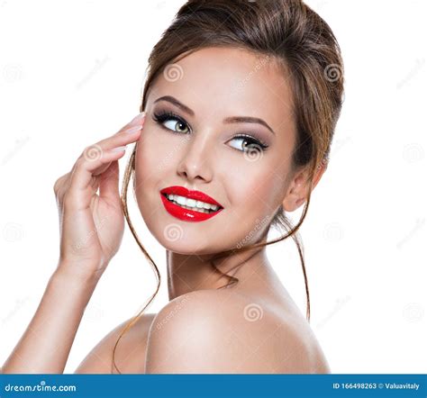 Face Of Beautiful Expressive Woman With Red Lipstick On The Lips Stock Image Image Of Body