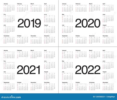 Year 2019 2020 2021 2022 Calendar Vector Design Template Stock Vector