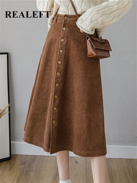 Realeft Autumn Winter Corduroy Women A Line Skirts 2021 New High Waist Solid Elegant Single