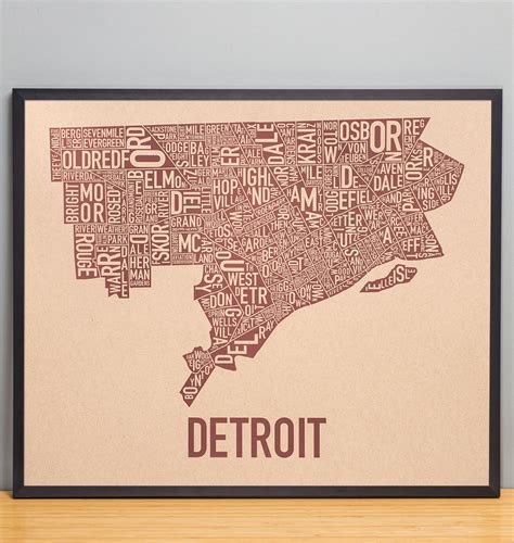 Detroit Neighborhood Map 24 X 20 Downtown Brown Poster