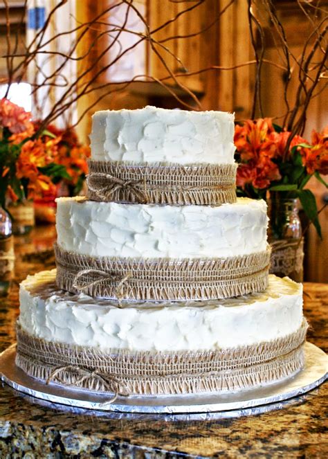 Rustic Burlap Wedding Cake With Lace Ribbon Around The