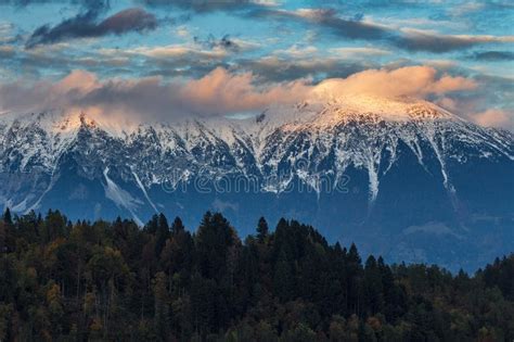 Beautiful Snowy Winter Mountain Range Landscape In Julian Alps