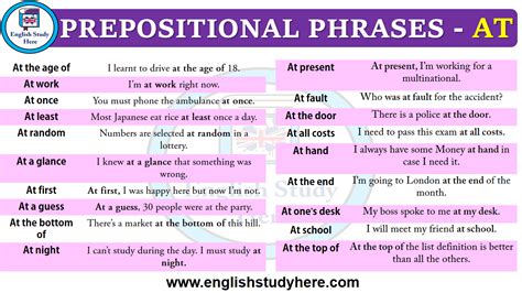 Prepositional phrases usually begin with a preposition and end with an object. Prepositional Phrases - At - English Study Here