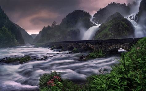 Nature Landscape Waterfall River Mountain Ferns Wildflowers Clouds Bridge Road Norway