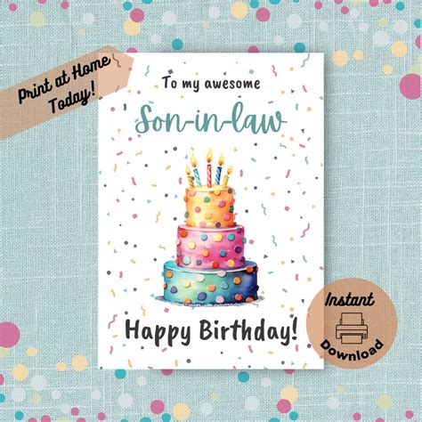 Printable Birthday Card For Son In Law Instant Digital Download Print At Home Card Birthday