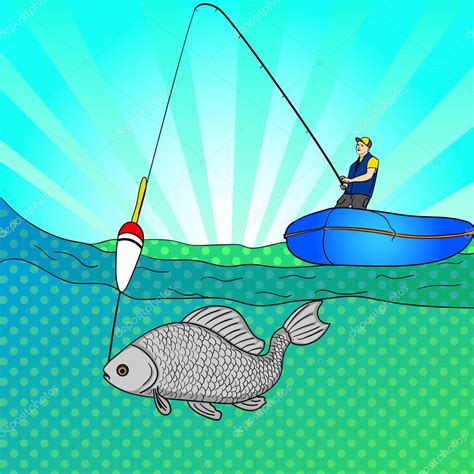 Animado Pescador En Bote Arte Pop Hombre Que Pesca En Mar Abierto