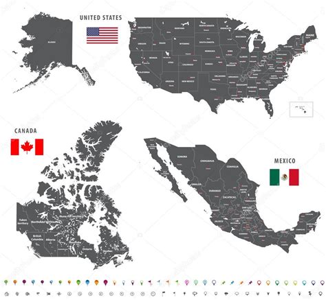 Mapas de Canadá Estados Unidos y México con location navigation iconos y banderas Todas las
