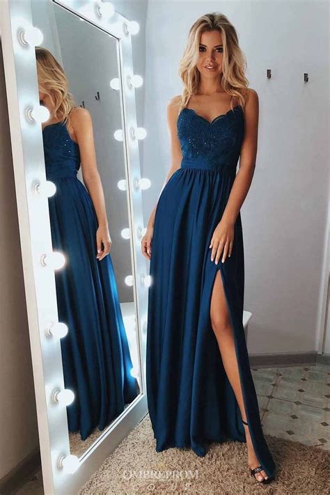 A Line Lace Appliques Blue Spaghetti Long Prom Dresses With Slit Op758 Dress Det Cnn Times Idn