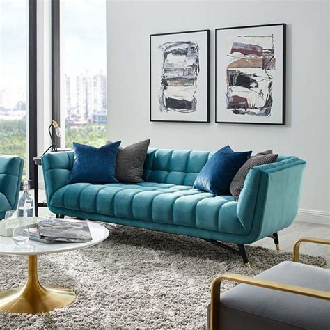 The updated design of this sofa features a braid detail around the base, block feet, roll arms and a chic gray or havana dark wash. Adept Sea Blue Sofa EEI-3059-SEA Modway Furniture Fabric ...