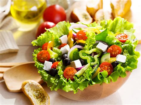 Salad Greek Vegetables Cucumbers Peppers Tomatoes Leaves Olives