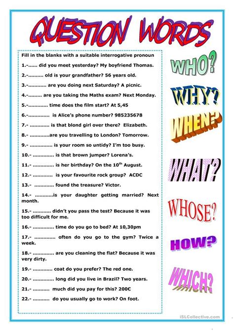 When is your next english lesson? QUESTION WORDS - English ESL Worksheets | This or that ...
