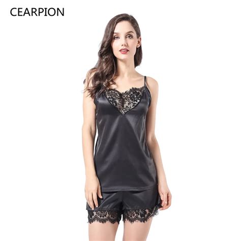 Cearpion Black Lace Pajamas Set Sexy Hollow Out 2pcs Sleepwear Satin Strap Topandshorts Women Home
